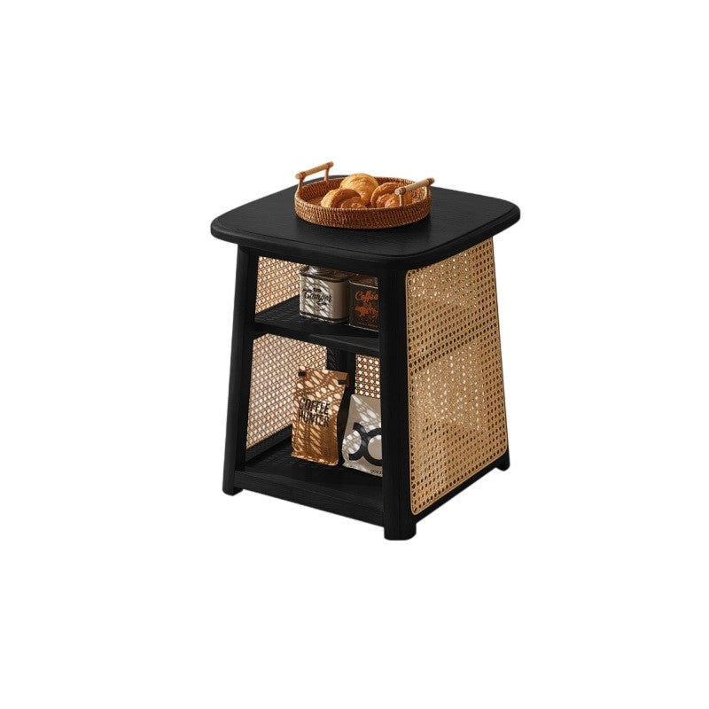 Traditional Japanese Rounded-Corner Trapezoidal Solid Wood Rattan Weaving Coffee Table 3-Tier For Living Room