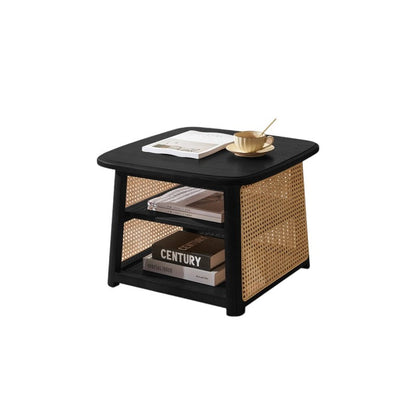 Traditional Japanese Rounded-Corner Trapezoidal Solid Wood Rattan Weaving Coffee Table 3-Tier For Living Room