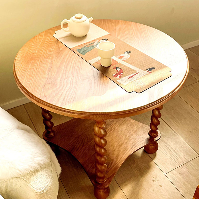 Traditional French Round Solid Wood & Plywood Vintage Brown Side Table For Small Space 2-Tier For Living Room