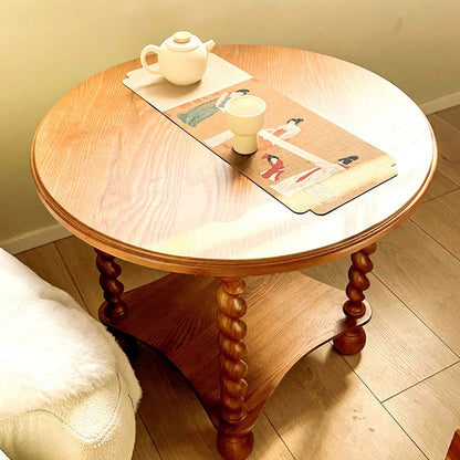 Traditional French Round Solid Wood & Plywood Vintage Brown Side Table For Small Space 2-Tier For Living Room