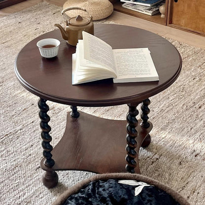 Traditional French Round Solid Wood & Plywood Vintage Brown Side Table For Small Space 2-Tier For Living Room