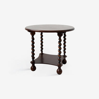 Traditional French Round Solid Wood & Plywood Vintage Brown Side Table For Small Space 2-Tier For Living Room