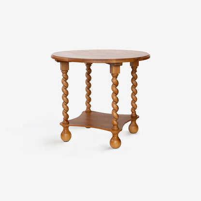 Traditional French Round Solid Wood & Plywood Vintage Brown Side Table For Small Space 2-Tier For Living Room