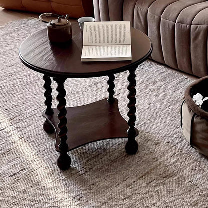Traditional French Round Solid Wood & Plywood Vintage Brown Side Table For Small Space 2-Tier For Living Room