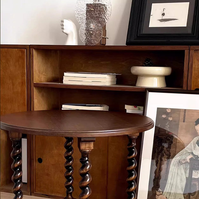 Traditional French Round Solid Wood & Plywood Vintage Brown Side Table For Small Space 2-Tier For Living Room