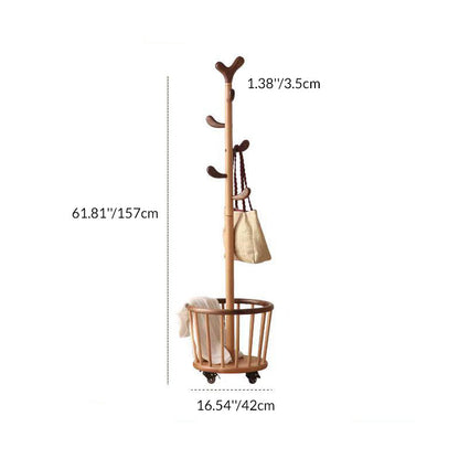 Modern Minimalist Tree Bud Heart Design Solid Wood Movable Hall Tree 1-Storage For Entryway & Hallway