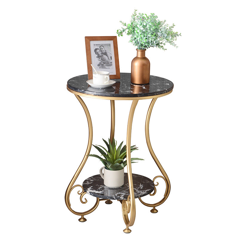 Modern Luxury Round Stone Slab Wrought Iron End Table 2-Tier For Living Room