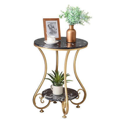 Modern Luxury Round Stone Slab Wrought Iron End Table 2-Tier For Living Room