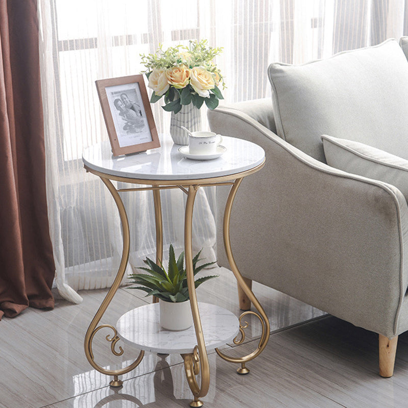 Modern Luxury Round Stone Slab Wrought Iron End Table 2-Tier For Living Room
