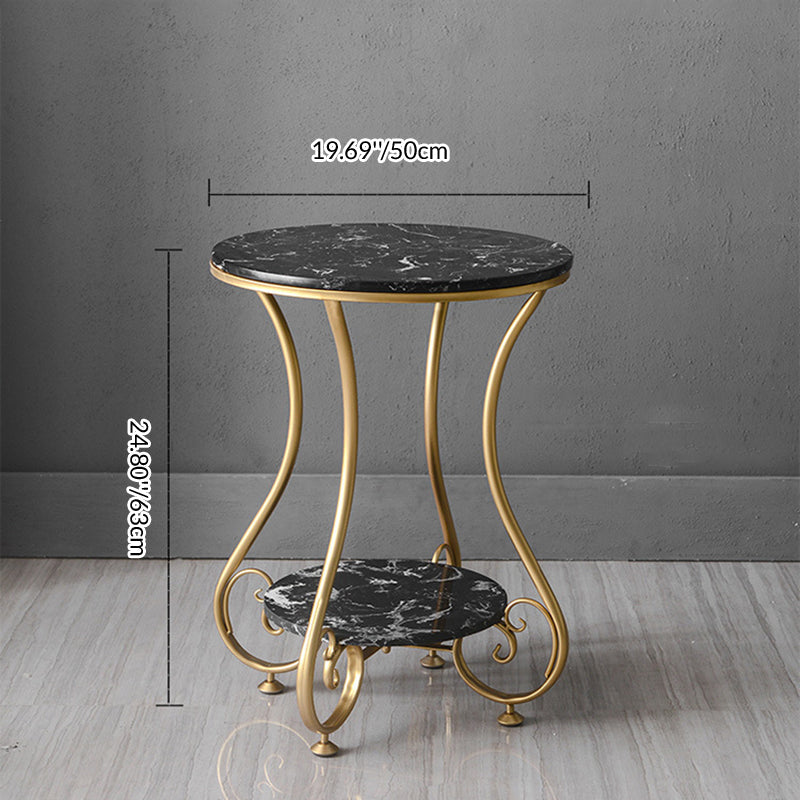 Modern Luxury Round Stone Slab Wrought Iron End Table 2-Tier For Living Room