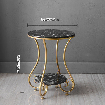 Modern Luxury Round Stone Slab Wrought Iron End Table 2-Tier For Living Room