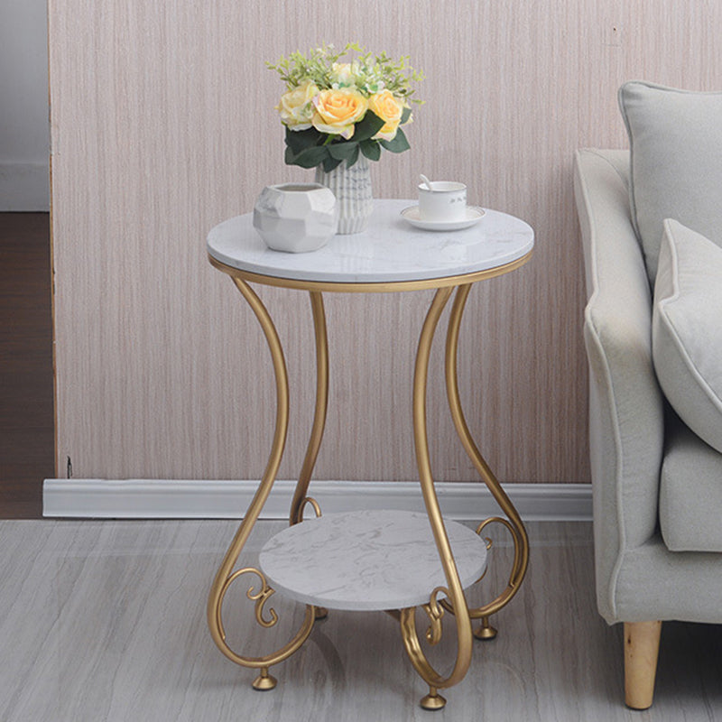 Modern Luxury Round Stone Slab Wrought Iron End Table 2-Tier For Living Room