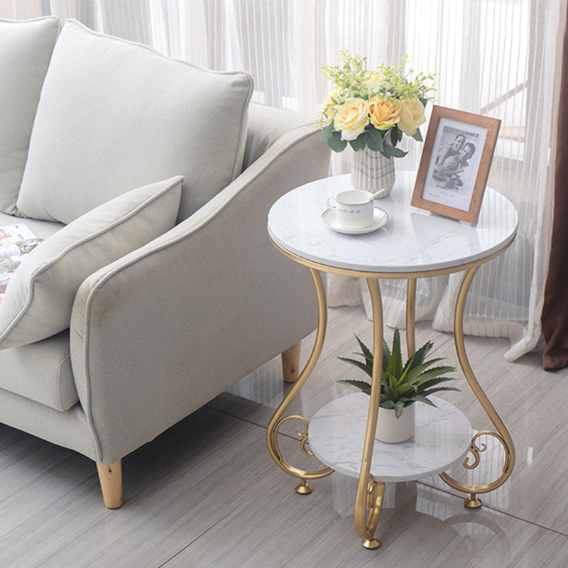 Modern Luxury Round Stone Slab Wrought Iron End Table 2-Tier For Living Room
