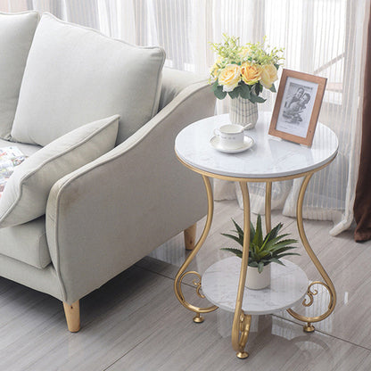 Modern Luxury Round Stone Slab Wrought Iron End Table 2-Tier For Living Room