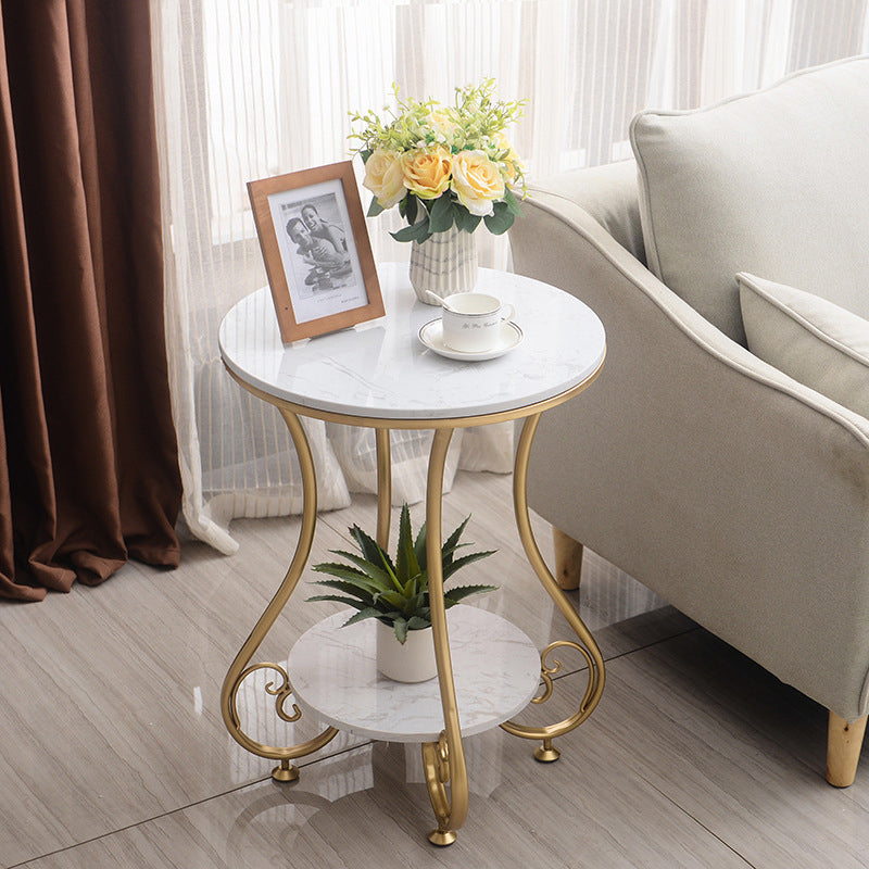 Modern Luxury Round Stone Slab Wrought Iron End Table 2-Tier For Living Room