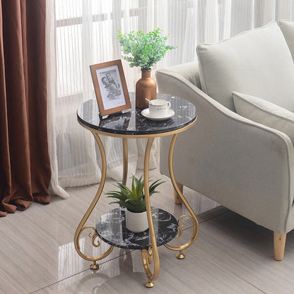 Modern Luxury Round Stone Slab Wrought Iron End Table 2-Tier For Living Room
