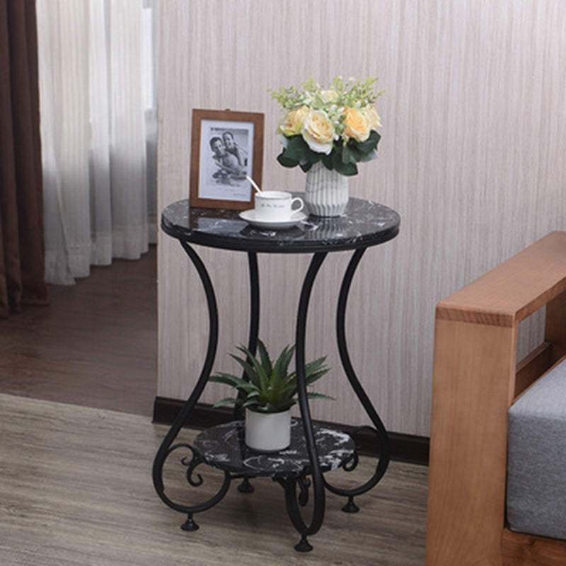 Modern Luxury Round Stone Slab Wrought Iron End Table 2-Tier For Living Room