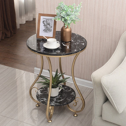 Modern Luxury Round Stone Slab Wrought Iron End Table 2-Tier For Living Room