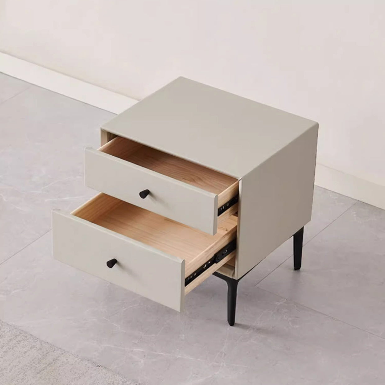 Contemporary Nordic Rectangular Solid Wood Faux Leather Carbon Steel Nightstand 2-Drawer For Bedroom