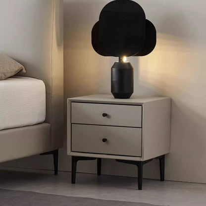 Contemporary Nordic Rectangular Solid Wood Faux Leather Carbon Steel Nightstand 2-Drawer For Bedroom