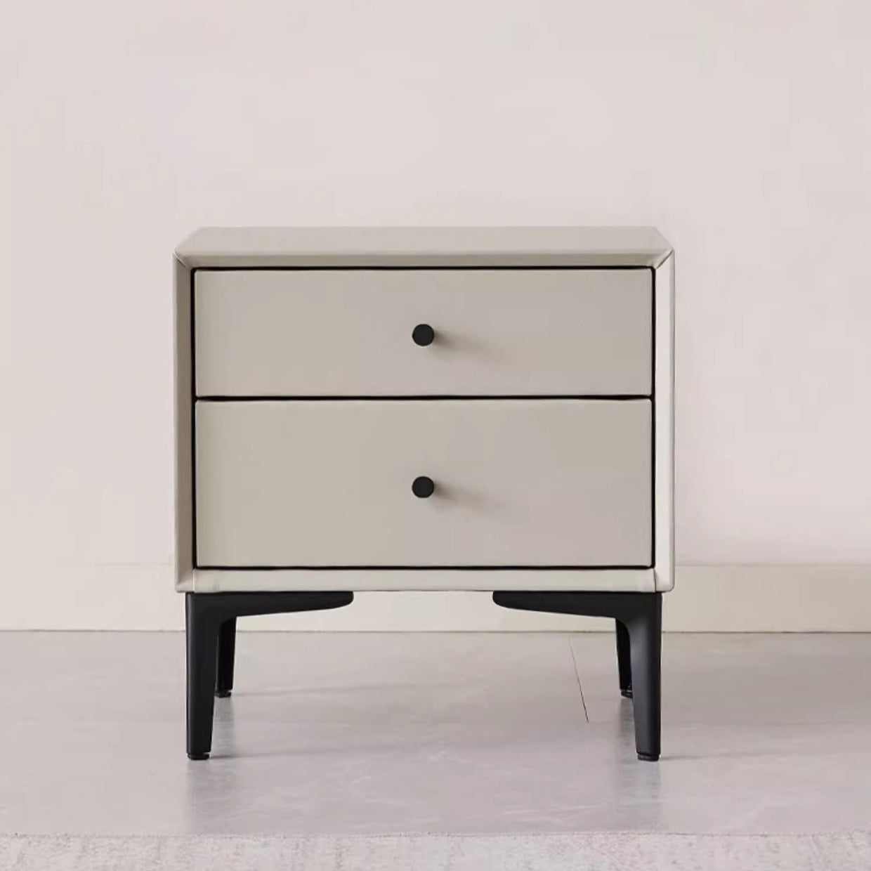 Contemporary Nordic Rectangular Solid Wood Faux Leather Carbon Steel Nightstand 2-Drawer For Bedroom