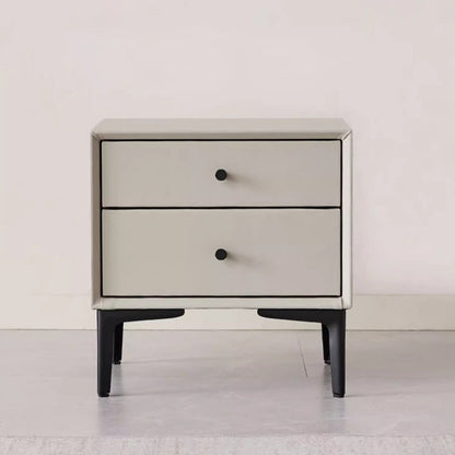 Contemporary Nordic Rectangular Solid Wood Faux Leather Carbon Steel Nightstand 2-Drawer For Bedroom
