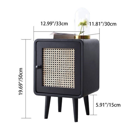 Contemporary Scandinavian Rounded-Edge Rectangular Particleboard MDF Pinewood Rattan Weaving End Table 1-Cabinet For Bedroom & Living Room