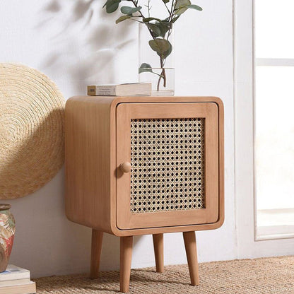 Contemporary Scandinavian Rounded-Edge Rectangular Particleboard MDF Pinewood Rattan Weaving End Table 1-Cabinet For Bedroom & Living Room