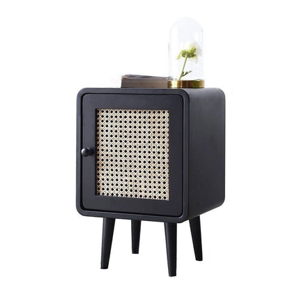 Contemporary Scandinavian Rounded-Edge Rectangular Particleboard MDF Pinewood Rattan Weaving End Table 1-Cabinet For Bedroom & Living Room