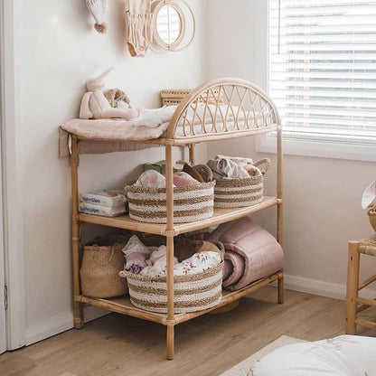 Contemporary Nordic Rectangular Genuine Rattan Weaving Kids Display Rack 3-Tier For Living Room