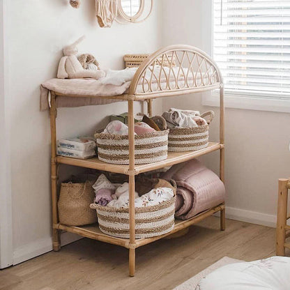 Contemporary Nordic Rectangular Genuine Rattan Weaving Kids Display Rack 3-Tier For Living Room