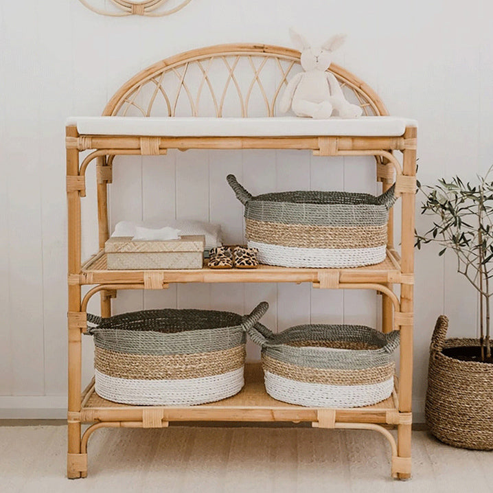 Contemporary Nordic Rectangular Genuine Rattan Weaving Kids Display Rack 3-Tier For Living Room