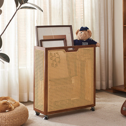Contemporary Boho Rectangular Solid Wood Plastic Rattan Weaving Movable Storage Cabinet 1-Storage For Living Room