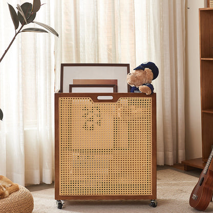 Contemporary Boho Rectangular Solid Wood Plastic Rattan Weaving Movable Storage Cabinet 1-Storage For Living Room