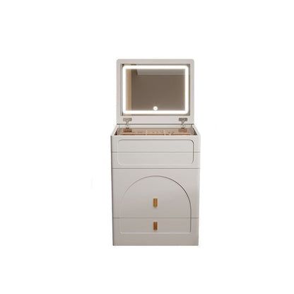Modern Minimalist Rectangular MDF Tempered Glass Faux Leather Makeup Vanity & Vanity Stool Set With Mirror 3-Drawer For Bedroom