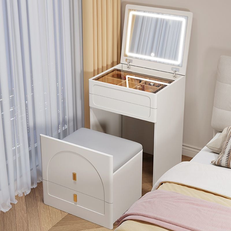 Modern Minimalist Rectangular MDF Tempered Glass Faux Leather Makeup Vanity & Vanity Stool Set With Mirror 3-Drawer For Bedroom