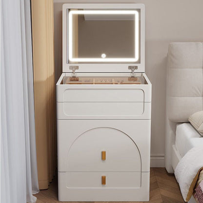 Modern Minimalist Rectangular MDF Tempered Glass Faux Leather Makeup Vanity & Vanity Stool Set With Mirror 3-Drawer For Bedroom