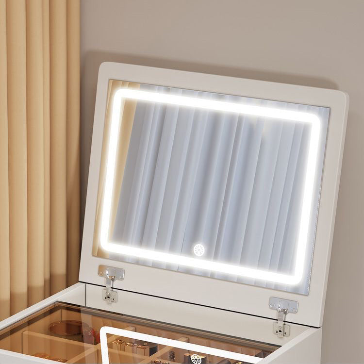 Modern Minimalist Rectangular MDF Tempered Glass Faux Leather Makeup Vanity & Vanity Stool Set With Mirror 3-Drawer For Bedroom