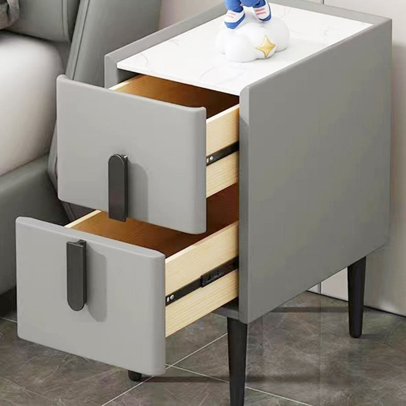 Modern Luxury Rectangular Solid Wood Plywood Pinewood Stone Slab Faux Leather Nightstand 2-Drawer For Bedroom