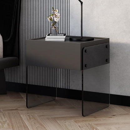 Modern Minimalist Rectangular Glass Wood Plywood Nightstand 1-Drawer For Bedroom
