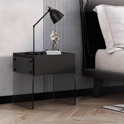 Modern Minimalist Rectangular Glass Wood Plywood Nightstand 1-Drawer For Bedroom