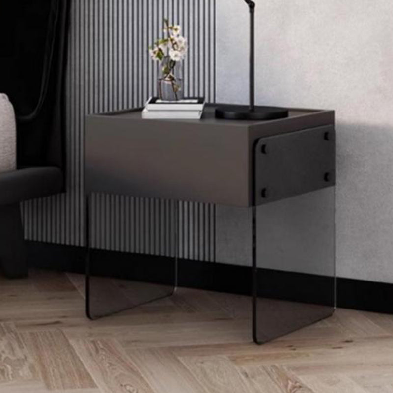 Modern Minimalist Rectangular Glass Wood Plywood Nightstand 1-Drawer For Bedroom