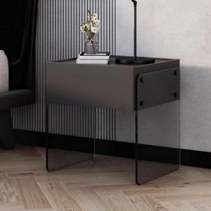 Modern Minimalist Rectangular Glass Wood Plywood Nightstand 1-Drawer For Bedroom
