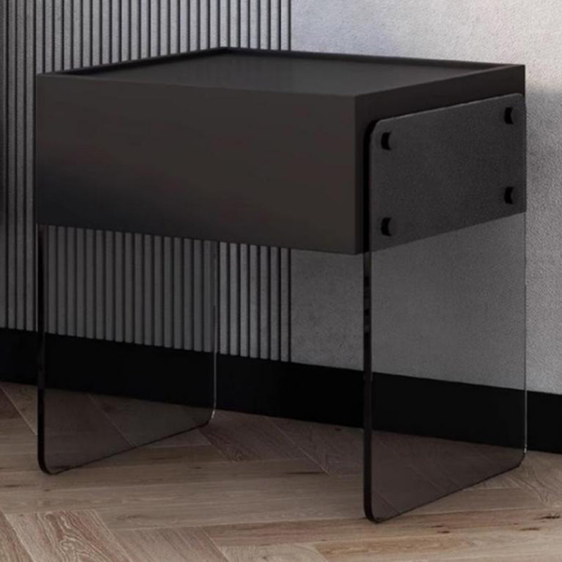 Modern Minimalist Rectangular Glass Wood Plywood Nightstand 1-Drawer For Bedroom