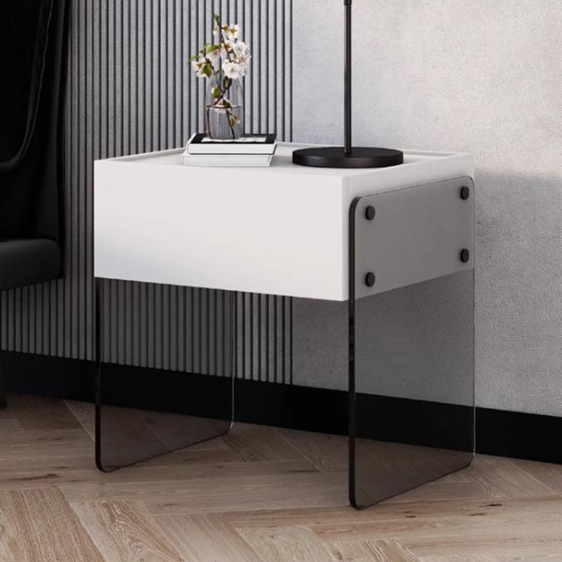 Modern Minimalist Rectangular Glass Wood Plywood Nightstand 1-Drawer For Bedroom