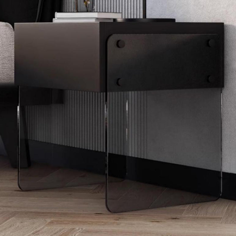Modern Minimalist Rectangular Glass Wood Plywood Nightstand 1-Drawer For Bedroom