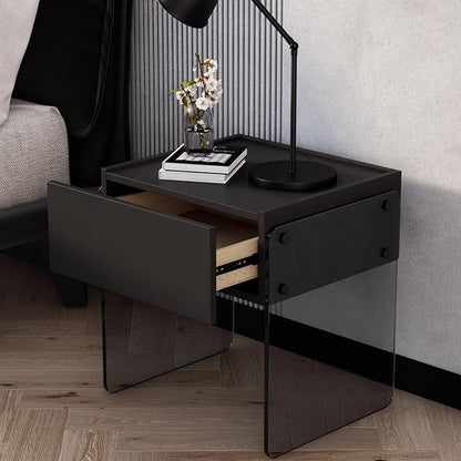 Modern Minimalist Rectangular Glass Wood Plywood Nightstand 1-Drawer For Bedroom