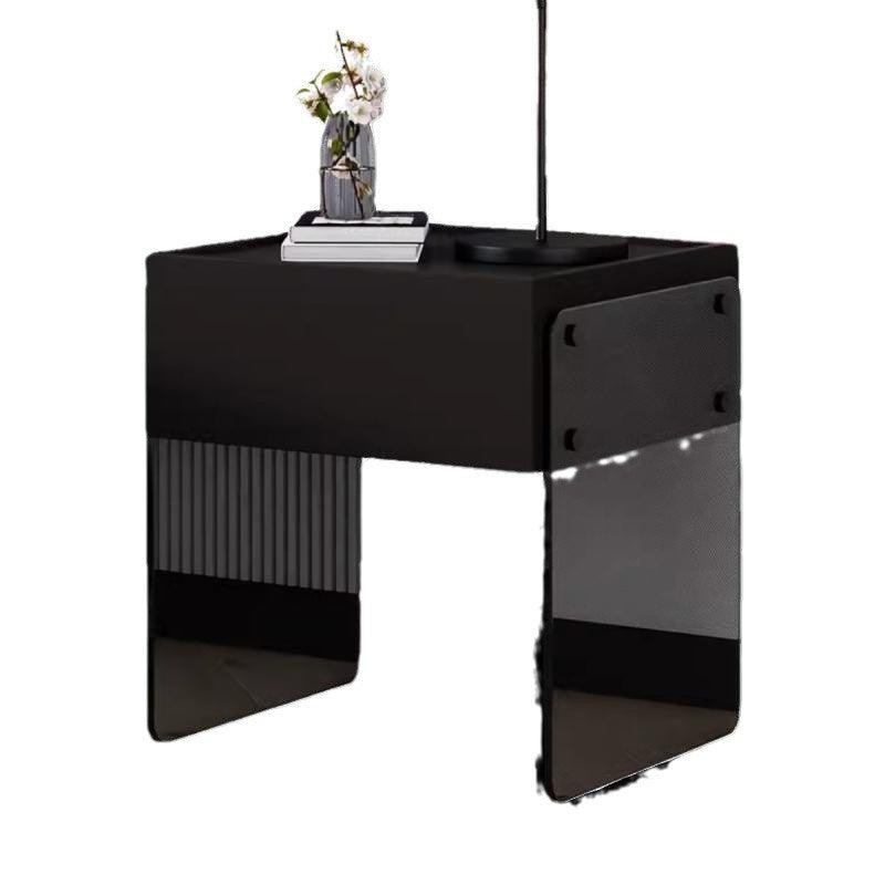 Modern Minimalist Rectangular Glass Wood Plywood Nightstand 1-Drawer For Bedroom