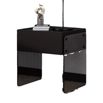 Modern Minimalist Rectangular Glass Wood Plywood Nightstand 1-Drawer For Bedroom