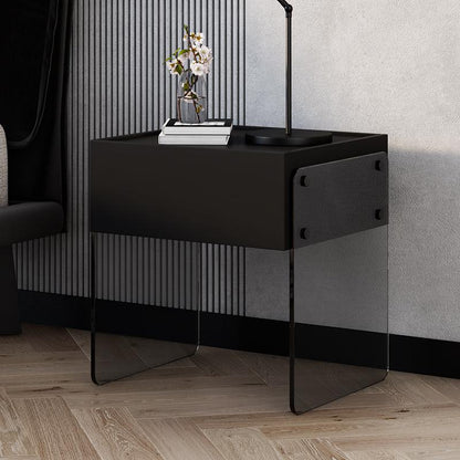 Modern Minimalist Rectangular Glass Wood Plywood Nightstand 1-Drawer For Bedroom